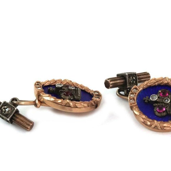 Old Russian Ruby Enamel 18k Rose Gold Cufflinks - Picture 3 of 5